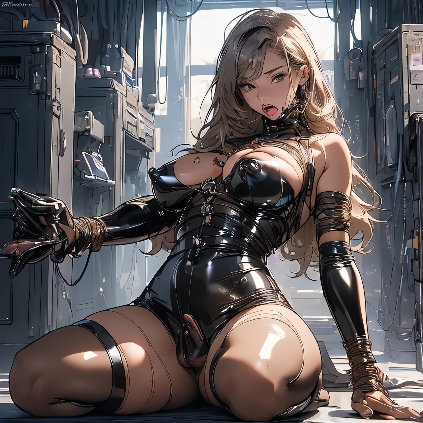 (((Full body latex bondage suit))),(((masterpiece, Highest quality))),(((alone:1.2))),(((One Girl:1.2))),32K Wallpapers, Very detailed,(((((portfolio))))),(((((close))))),(((((Breast augmentation))))),((((More angles)))),(((highlight))),(((completion. Detailed face))),((((Very talented)))),(((((The most complex machine))))),(((Genius Mechanic))),((Overall colorful)),(((((Huge breasts,Browsing Caution,((BDSM)),((Ripped latex bondage)),Erect nipples,Transparent chest,A woman experiencing orgasm,Grab the penis, from penis