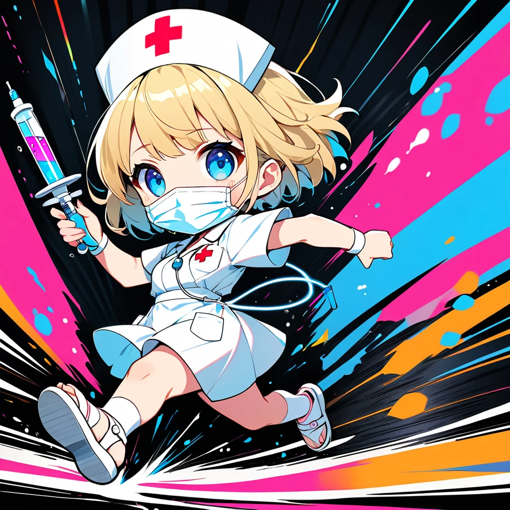 ultra-small deformation, Chibi Cute, 1girl, solo, full body, nurse, nurse cap, white nurse wear, ((white surgical mask, covered nose)), white sandals, blonde short hair, blue eyes, she is holding big syringe and hospital drip , running, sweat, speed line, dynamic action, High contrast and vivid color, pop color block pattern background