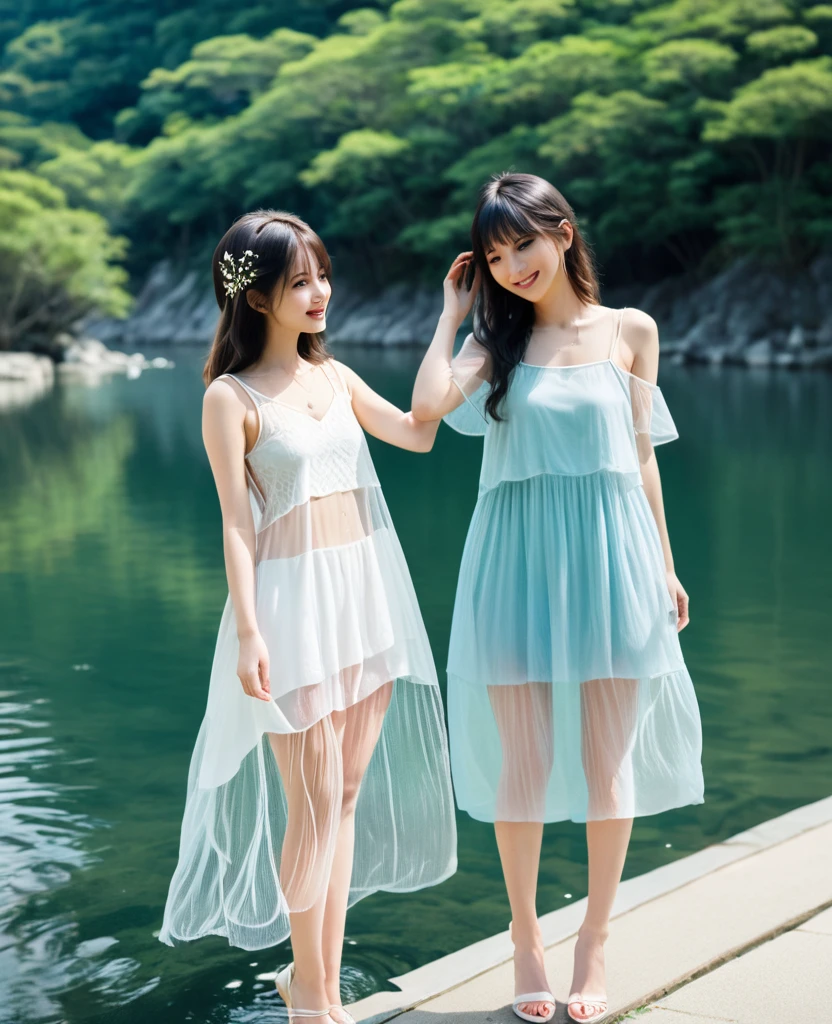 tmasterpiece，hyper HD，1 Beauty by the river，Wear a lace floral skirt，Happy frolicking in the water，The costume is wet，detailed outfits:1.5，Women's super short hair，Delicate hair，Wet hair:1.5，Water droplets hang on fair skin:1.2，Feminine perspective revealed:1.8，Detailed river water，the river is crystal clear:1.5，Full body photography:1.8