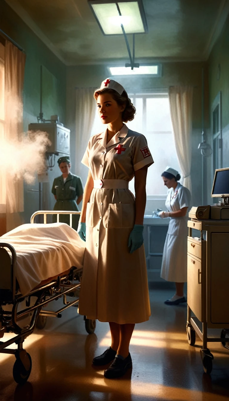 a 25 year old woman working as a nurse in a war hospital during World War II, helping wounded soldiers, full body shot, highly detailed, realistic, masterpiece, cinematic lighting, warm tones, depth of field, volumetric fog, dramatic shadows, realistic human anatomy, medical equipment, hospital interior, ww2 uniform