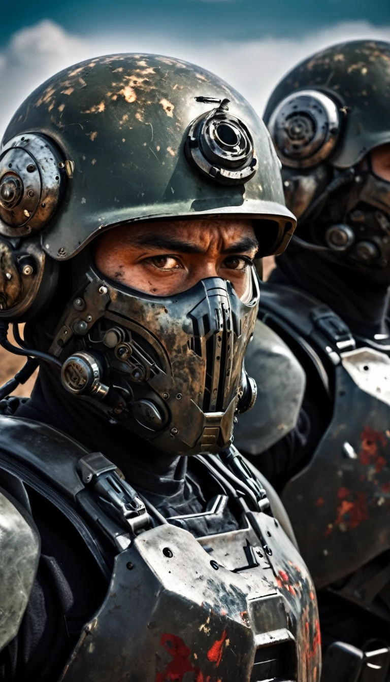 Close-up of a male soldier, half human, half machine, their faces partially obscured by military helmets. Their eyes are filled with sadness and longing. The background is a trail of blood and violence. He wears a mechanized robot armor, carved with animal elements, human skulls. The sky is filled with swirling, fiery clouds. The photo conveys a strong sense of the warrior's appearance.