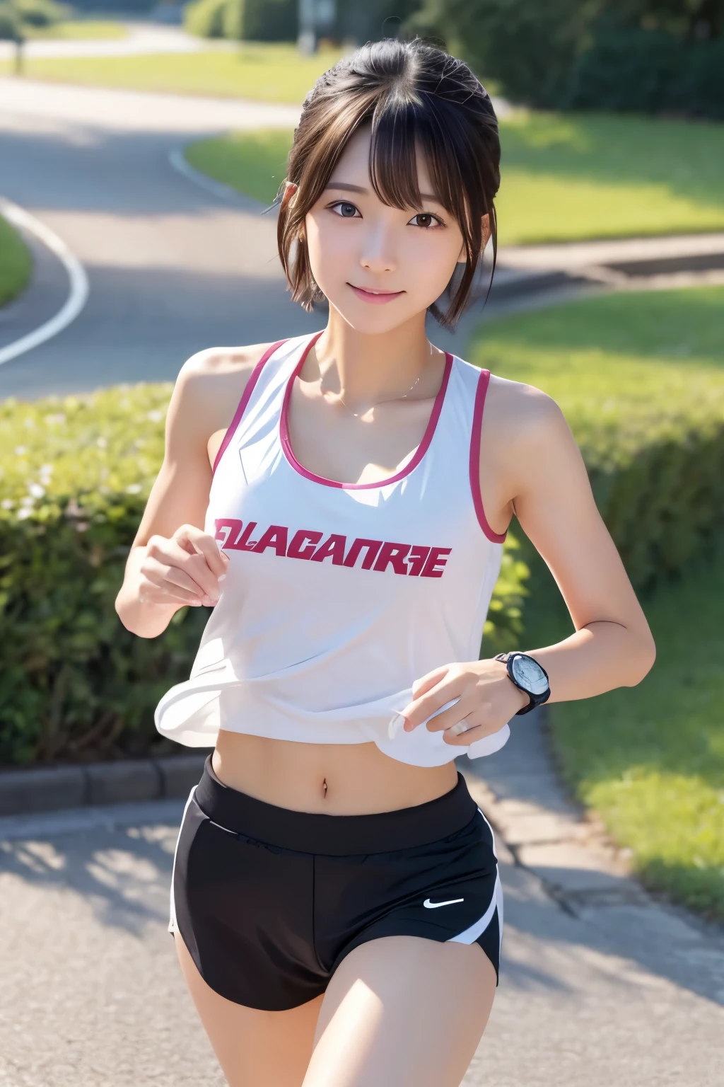 ((4K,8k,Masterpiece))、photograph、Highest quality、Detailed face、High resolution、actually exists、A rare talent、Beautiful Eyes、looking at the camera、1 Japanese、Japanese Idol、girl、cute、Natural Makeup、short hair、Dark Eyes、19 years old、Vibrant、Marathon runner、Cleavage、Transparency、Sweaty skin、High leg、running wear,on the track、Long distance runner、dig in shorts