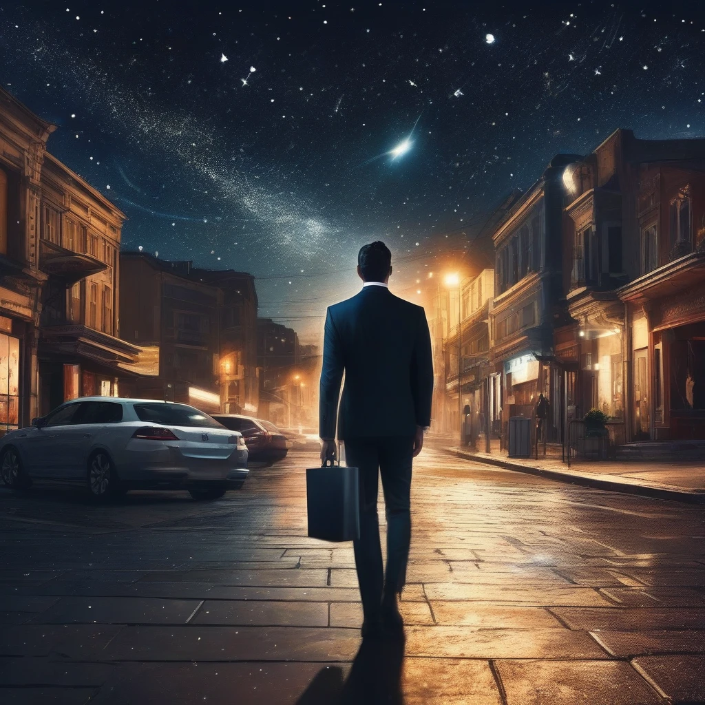 an anonymous hacker dressed in a suit and tie , on the street at night, starry sky with meteors falling from the sky, SK_cinematic , looking ahead at viewer
