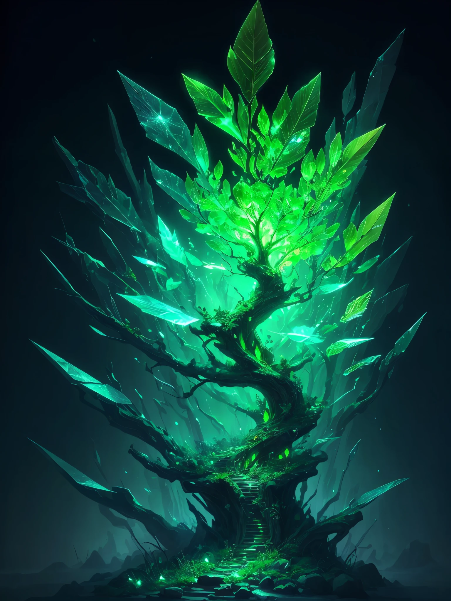 a green glowing tree with a leaf shaped like a tree, concept art by Stefan Lochner, trending on cgsociety, conceptual art, green crystal, glowing green crystals, full of glass. cgsociety, green aura, glowing green, elemental guardian of life, intricate a whole fantasy leaf, 🌺 cgsociety, emerald artifacts, trendin on artstation, rendered art