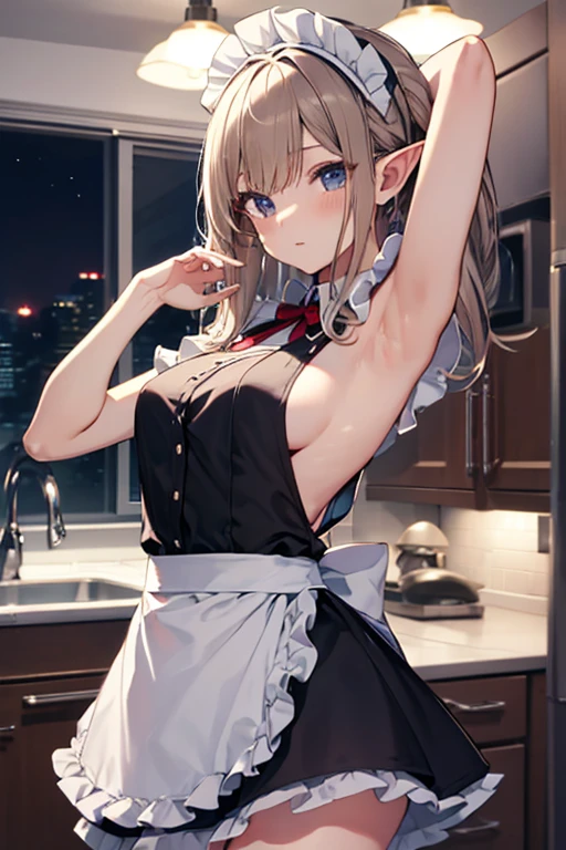 A maid, (in kitchen), various hair styles, night, details face, short skirt, seducing, sleeveless, maid uniform, armpits, elf