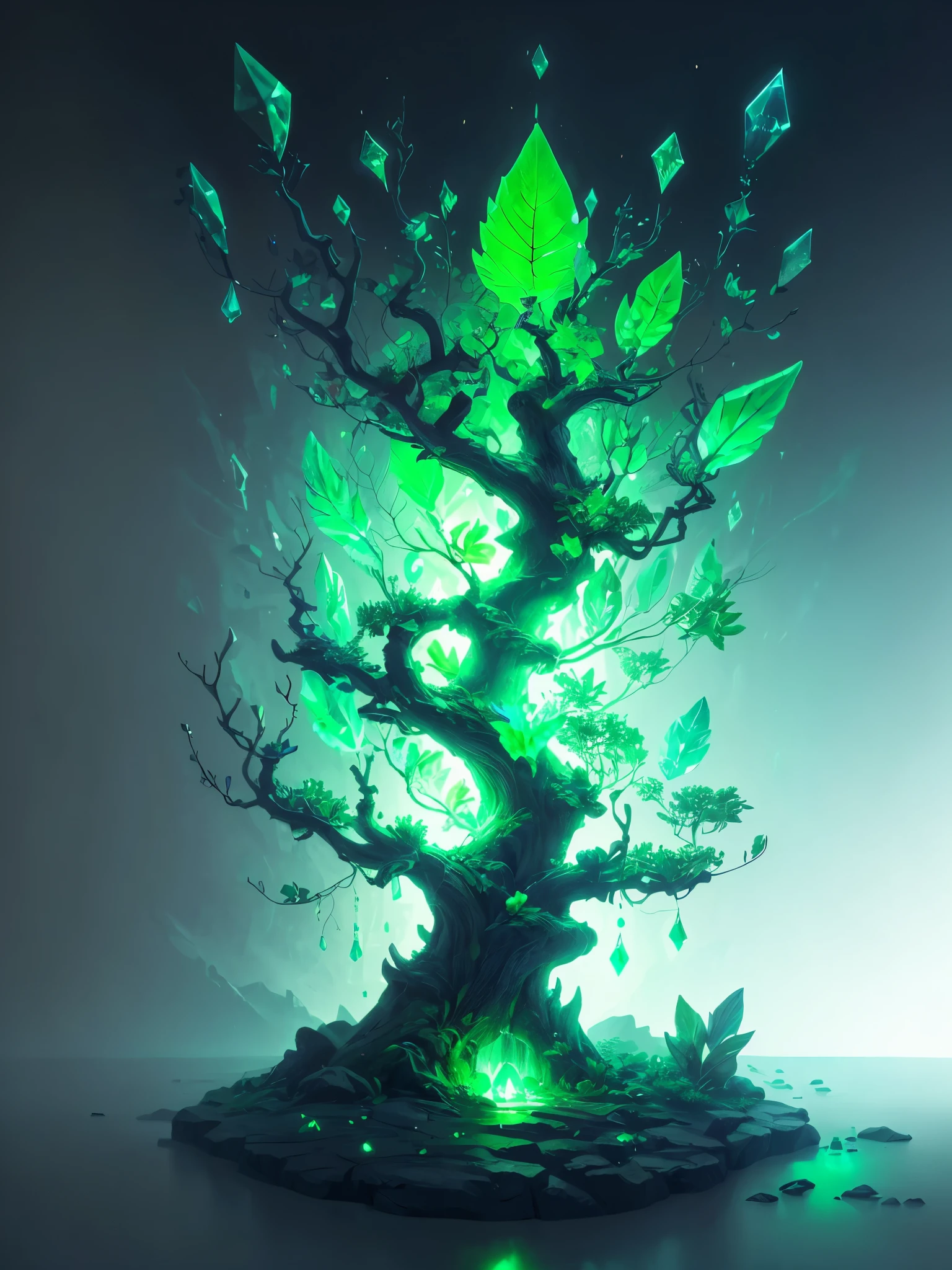 a green glowing tree with a leaf shaped like a tree, green crystal, glowing green crystals, full of glass. cgsociety, green aura, glowing green, elemental guardian of life, intricate a whole fantasy leaf, 🌺 cgsociety, emerald artifacts, by Stefan Lochner, trendin on artstation, rendered art, green glows, made of crystalized synapse
