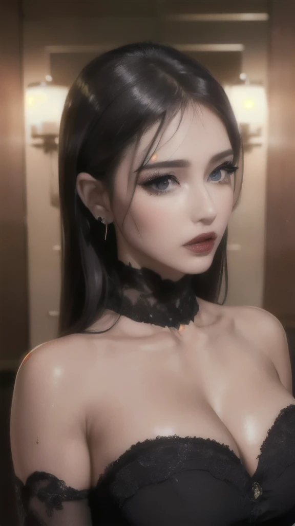 ((midynight, Need, 8K, tmasterpiece:1.3)), very beautiful queen, Slender abs:1,1, (Big breasts:1.2). ultra-detailed face, highly detailed lips, detailed eyes, double eyelid. ((Make-up face. Red lipstick)), beautiful hair, Super cute little face, very beautiful face, thin eyebrows, flawless beautiful face, ((black pupil)), very beautiful eyes, ((platinum eyes)), beautiful and detailed makeup, wet eye makeup, eyelashes, sharp nose, earrings,full body,slutty look,
. Wearing a beautiful office outfit,bold outfit,big breasts,shy face,thick lips,thick figure, wearing a beautiful bold office outfit