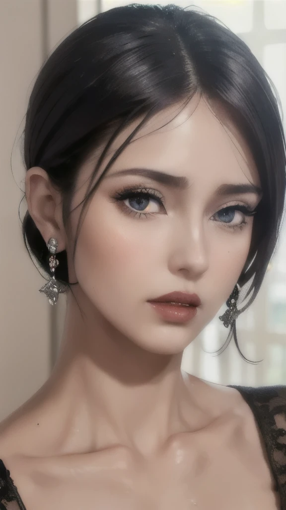 ((midynight, Need, 8K, tmasterpiece:1.3)),   very beautiful queen, Slender abs:1,1, (Big breasts:1.2).   ultra-detailed face, highly detailed lips, detailed eyes, double eyelid.   ((Make-up face. Red lipstick)), beautiful hair,   Super cute little face,   very beautiful face,   thin eyebrows,   flawless beautiful face,   ((black pupil)),   very beautiful eyes,   ((platinum eyes)),   beautiful and detailed makeup,   wet eye makeup,   eyelashes,  sharp nose,   earrings,full body,slutty look,
. Wearing a beautiful office outfit,bold outfit,big breasts,shy face,thick lips,thick figure, wearing a beautiful bold office outfit 