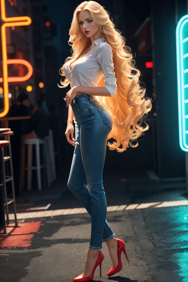 full body photographed from the side beauty glamour photo model very long blond curly hair, blue eyes, red lips, slim tall perfect figure, perfect thighs, long shapely legs, tight blue jeans, white unbuttoned silk shirt, elegant stilettos, ultra realistic digital photo pose in front of vibrant colorful neon lighting