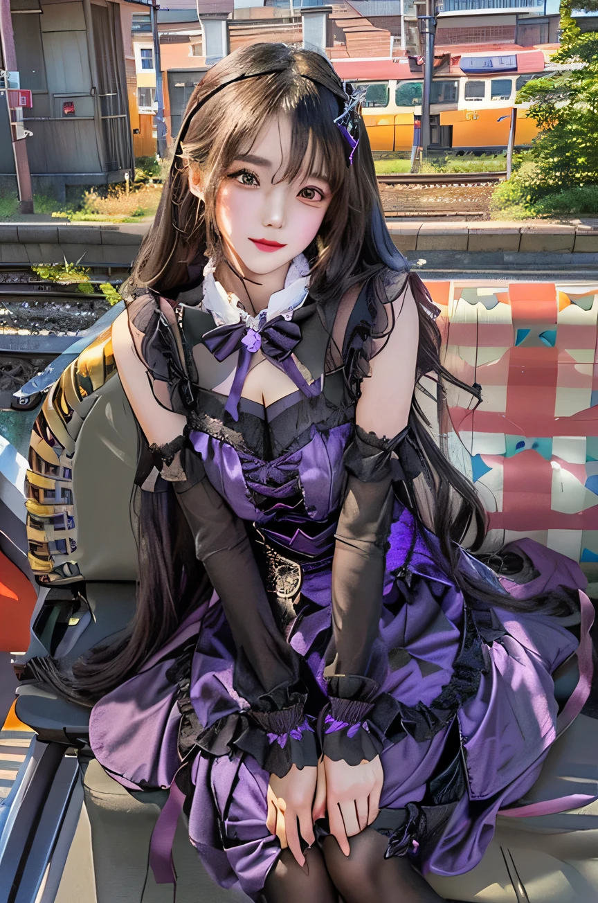 Beautiful cool girl in a purple dress sitting on a train platform, hanayamata, gothic maiden pretty girl, yandere intricate, high resolution!!, gapmoe yandere grimdark, beautiful monster girl, marin kitagawa fanart, cute girl moe artstyle,  in dress, noire photo, seductive pretty girl, by Jin Homura, girl goddess