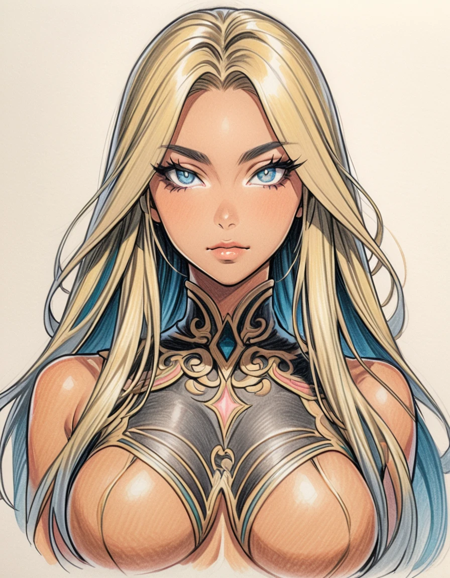 cowboy shot, from front, female, Art, ad, (color pencil drawing), draft drawing, illustration, , big busts, blonde hair, thick bluish eyeshadow, thick black eyeliner, Highlighted eyes with eyeliner, false eyelashes ,(tanned skin:1.2), long hair