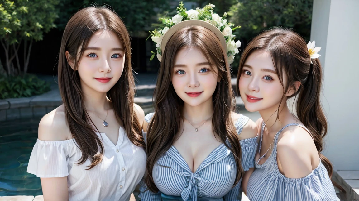 (3 girls),smile、Look into the camera、necklace、Wear a skirt and off-the-shoulder shirt with bare-chested stripes.、The material is smooth and flexible.、exposed upper arms、 Extra long twin tail hair、close range shooting、Flower Hair Ornaments、 Masterpiece, Highest quality, 8ก, beautiful girl, young face、 photography, Cute face, thigh,in the stream,、รอยsmile、small waist, blue eyes(((The chest is erect.)))(((round chest)))(((big breasts:1.2)))