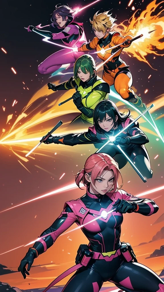 A brave and daring image of the six-man Ranger team, Each is decorated with the following vibrant colors:: neon pink, Sunset Orange, Fire engine red, plasma violet, Fluorescent Green, shocking yellow. A dynamic pose with a background that oozes energy and courage.。, Embodying the essence of the classic Sentai superhero team. Each Ranger&#39;s outfit is sleek and modern, Each color has elements that reflect its theme., Ready for action. ((camel toe))