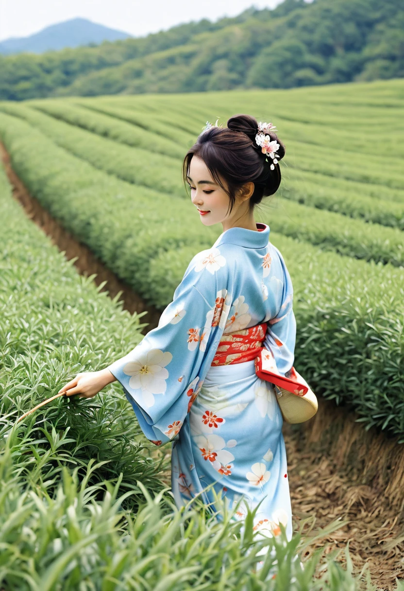 Fairy tale illustration by Reiko Ikemura, pixabay, The Art of Simplicity, full color illustration, cute fairy tale illustration, picture book illustration, illustration, Tea picking girl in the style of Hayao Miyazaki, In this field, kimono, kimono