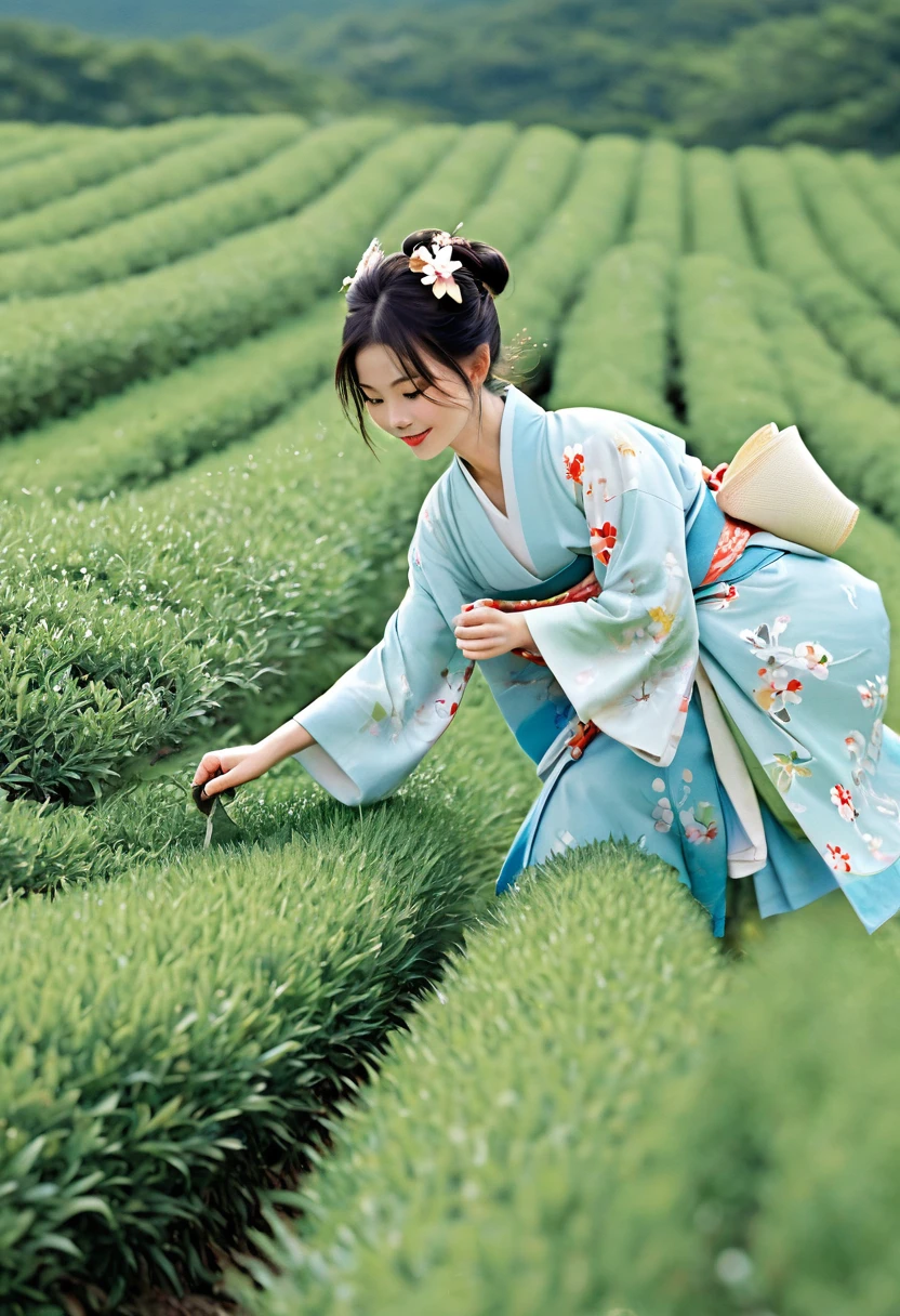 Fairy tale illustration by Reiko Ikemura, pixabay, The Art of Simplicity, full color illustration, cute fairy tale illustration, picture book illustration, illustration, Tea picking girl in the style of Hayao Miyazaki, In this field, kimono, kimono