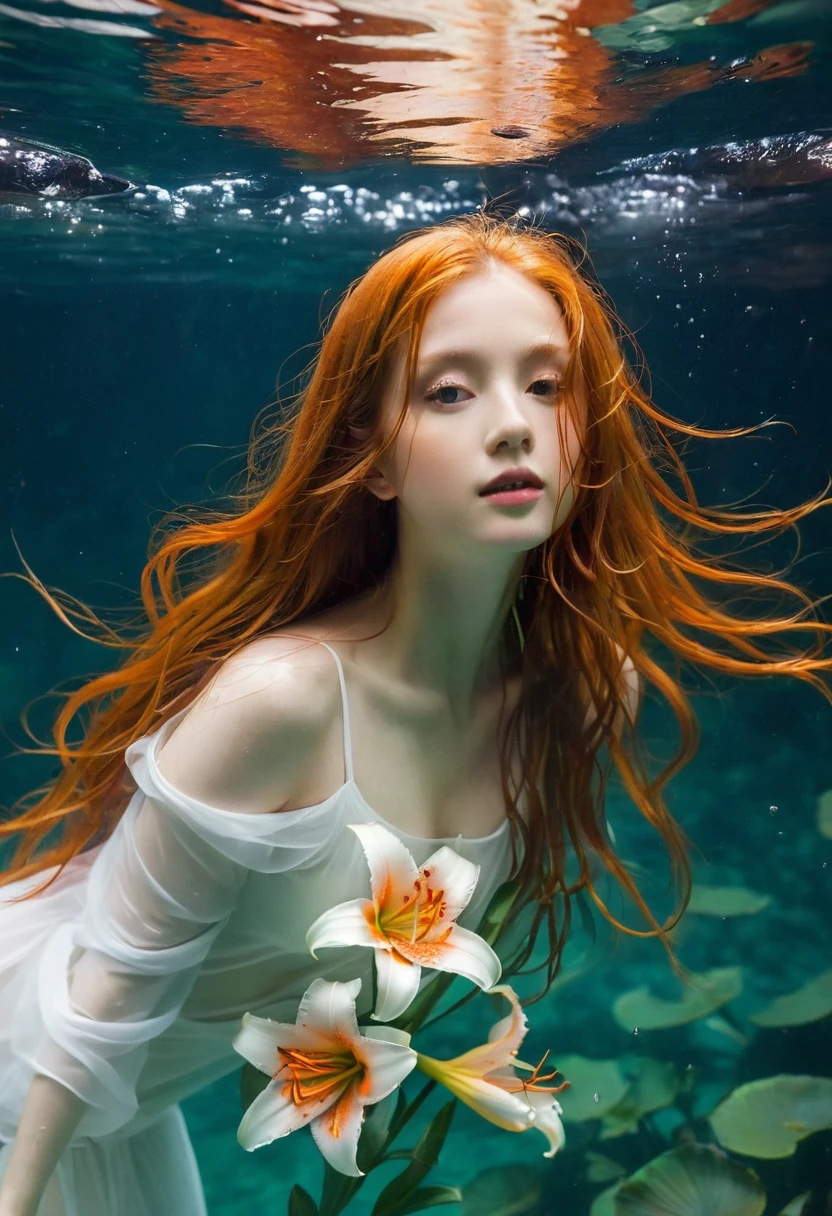 girl underwater, very long flowing red hair, Angel Wings, Orange and white lilies