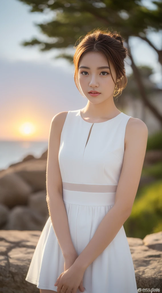 ((Realistic lighting, Highest quality, 8k, masterpiece: 1.3)), Clear focus: 1.2, One girl, Perfect beauty: 1.4, Slim Abs: 1.1, ((Dark brown hair)), (White Dress: 1.4), (Outdoor, sunset: 1.1), Seaside, Very beautiful face, Beautiful Eyes, double eyelid,Brown Hair、Long Hair