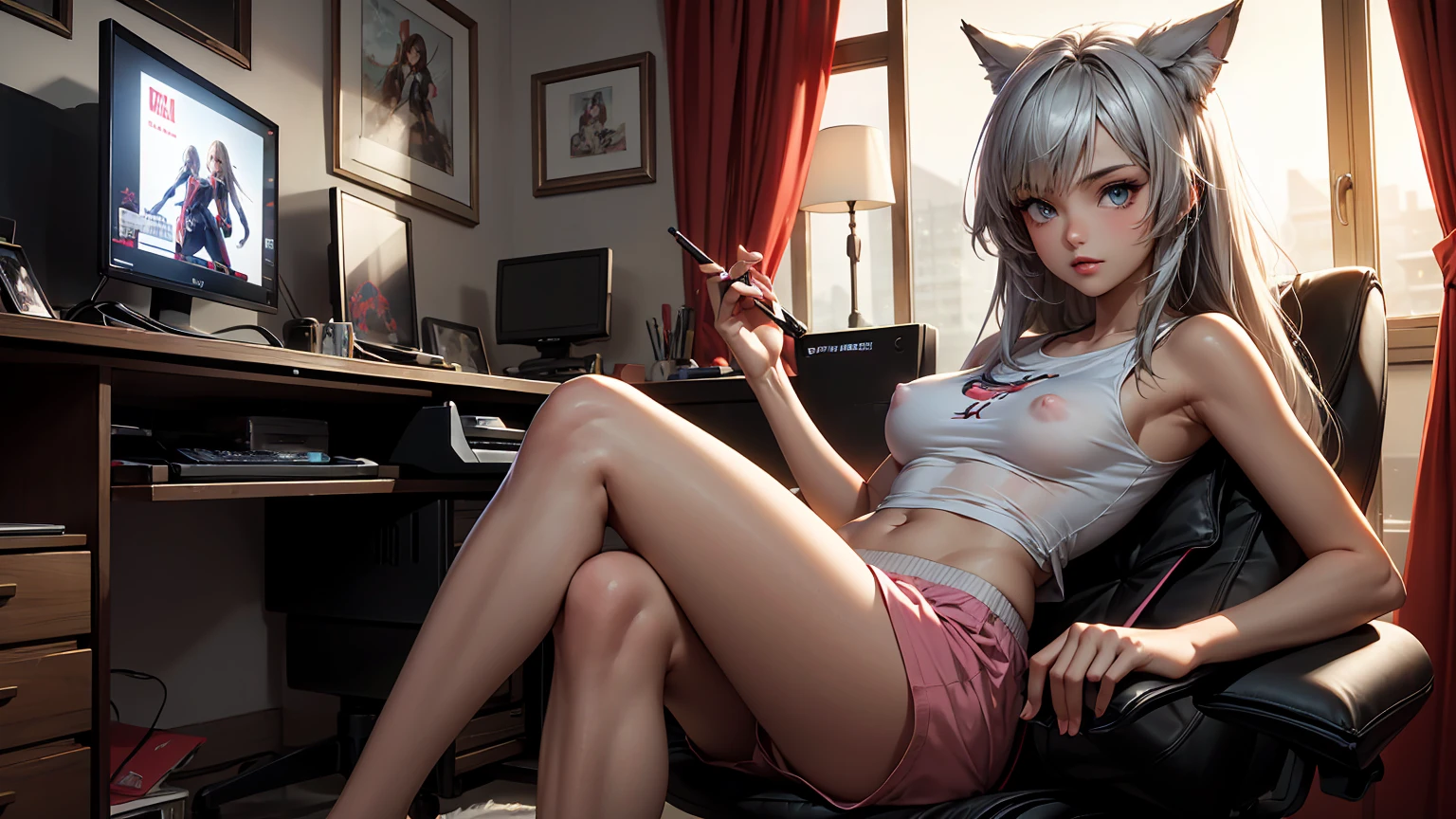 Create a top-quality image of a beautiful 20-year-old wolf girl with tan skin. She has long greyish wolf like hair and beautiful eyes, wearing a see-through top that barely covers her , highlighting her perfect figure. She is also wearing sleep shorts. The girl is sitting in a modern gaming chair in a dimly lit, modern room with the window open and it is night time, allowing a gentle breeze to flow in. She poses in a seductive manner, facing the camera. Her room is filled with modern nerdy items that show her love for video games and anime, including gaming equipment like a high-end gaming PC, sleek gaming desk, ergonomic gaming chair, and the latest gaming console, as well as stylish anime posters and figurines. The image should exhibit high-quality visual artistry, with intricate details, capturing a cozy and alluring atmosphere.