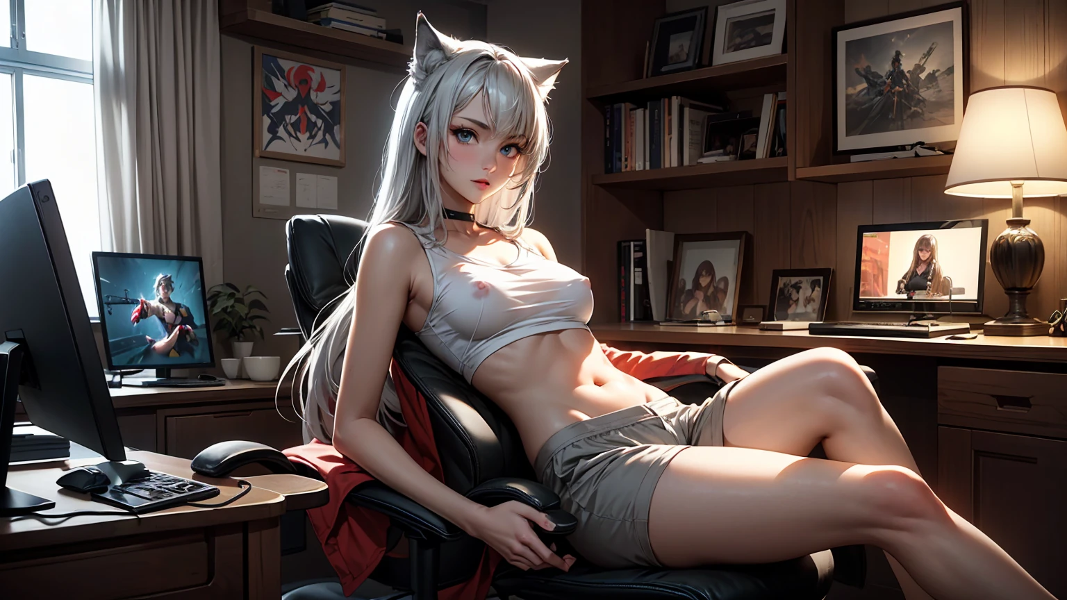 Create a top-quality image of a beautiful 20-year-old wolf girl with tan skin. She has long greyish wolf like hair and beautiful eyes, wearing a see-through top that barely covers her nipples, highlighting her perfect figure. She is also wearing sleep shorts. The girl is sitting in a modern gaming chair in a dimly lit, modern room with the window open and it is night time, allowing a gentle breeze to flow in. She poses in a seductive manner, facing the camera. Her room is filled with modern nerdy items that show her love for video games and anime, including gaming equipment like a high-end gaming PC, sleek gaming desk, ergonomic gaming chair, and the latest gaming console, as well as stylish anime posters and figurines. The image should exhibit high-quality visual artistry, with intricate details, capturing a cozy and alluring atmosphere.