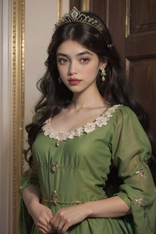 A young woman with long hair in a dark reddish brown, dark brown almond-shaped eyes, slightly pink lips, beautiful eyelashes, olive skin, latina skin tone, wearing royal green dress, she is the princess