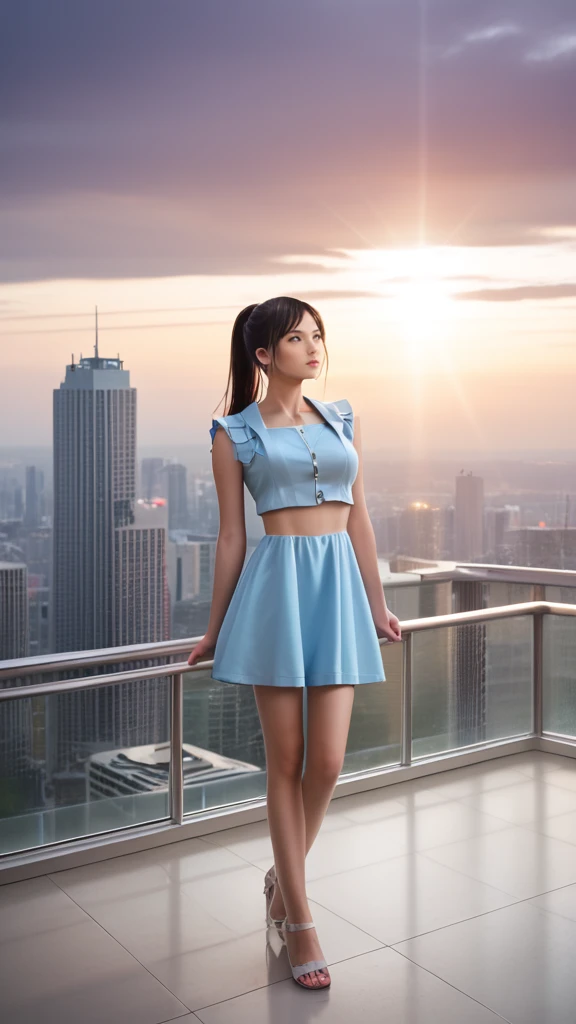 score_9, score_8_up, score_7_up, score_6_up, Photorealistic, real photo, god rays, wind, rain, 1girl, black hair, long straight hair, ponytail, hazel eyes, large breasts, mini sundress, cropped jacket, science fiction, rooftop, city skyline, neons, windy, skrirt lifted by wind