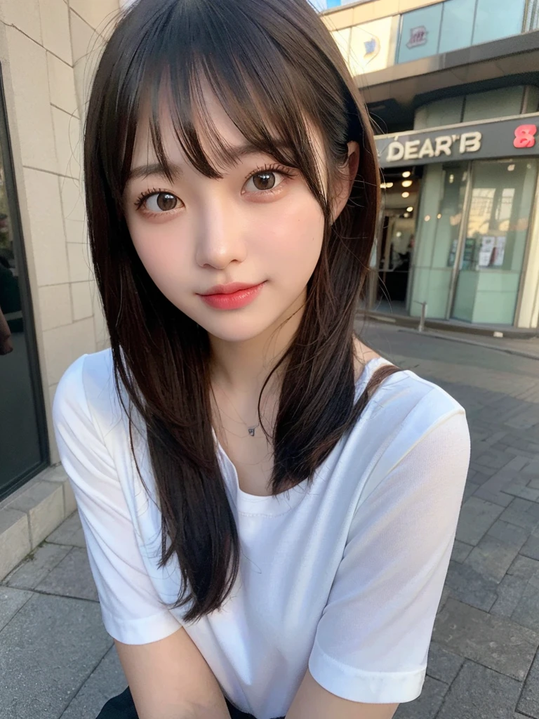 (masterpiece:1.3), (8k, Realistic, RAW Photos, Best image quality: 1.4), 20-year-old girl、(Random Hairstyles:1.2)、Highly detailed face、Attention to detail、double eyelid、Sharp focus:1.2、Beautiful woman:1.4、Light brown hair、Highest quality、masterpiece、Ultra-high resolution、(Realistic:1.4)、Highly detailed and professional lighting、Brown Knight、thin、smile、Long black hair、Deadly position、Beautiful Skin、Random Pause、Shiny Hair、Sculpture model pose、In town、hot