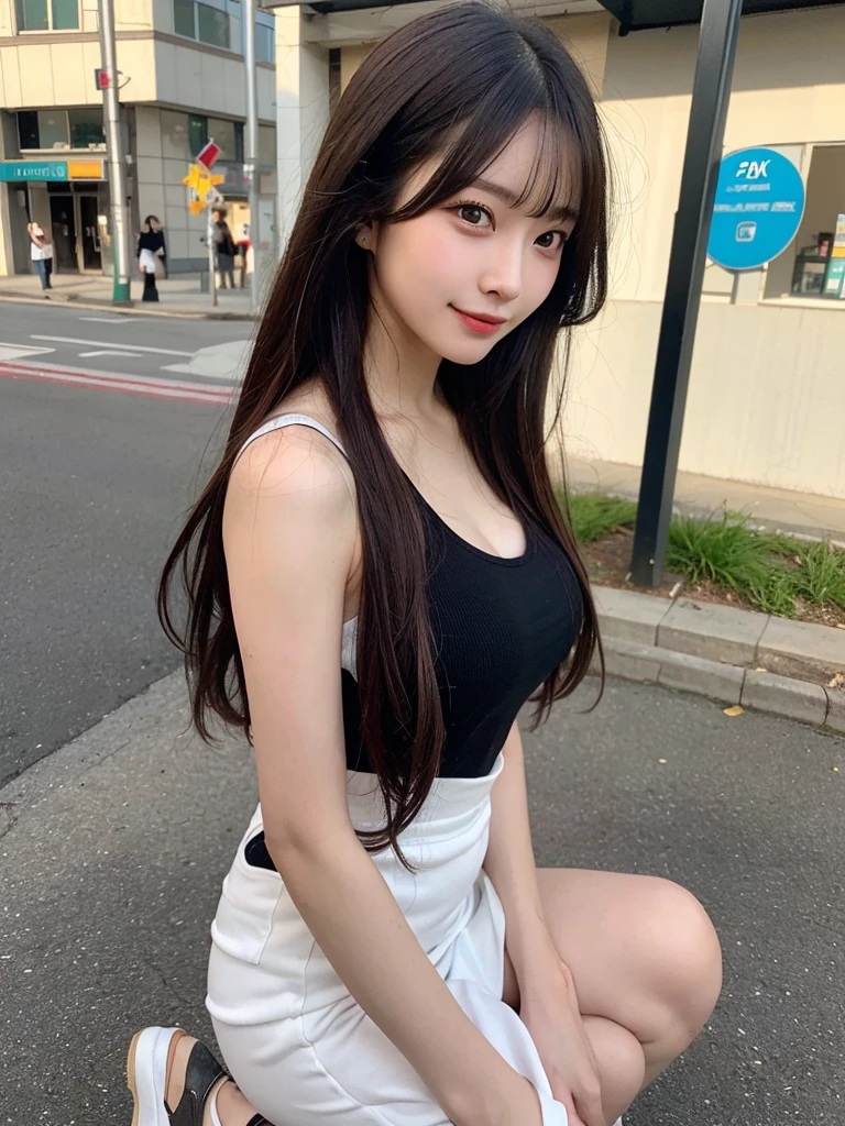 (masterpiece:1.3), (8k, Realistic, RAW Photos, Best image quality: 1.4), 20-year-old girl、(Random Hairstyles:1.2)、Highly detailed face、Attention to detail、double eyelid、Sharp focus:1.2、Beautiful woman:1.4、Light brown hair、Highest quality、masterpiece、Ultra-high resolution、(Realistic:1.4)、Highly detailed and professional lighting、Brown Knight、thin、smile、Long black hair、Deadly position、Beautiful Skin、Random Pause、Shiny Hair、Sculpture model pose、In town、hot