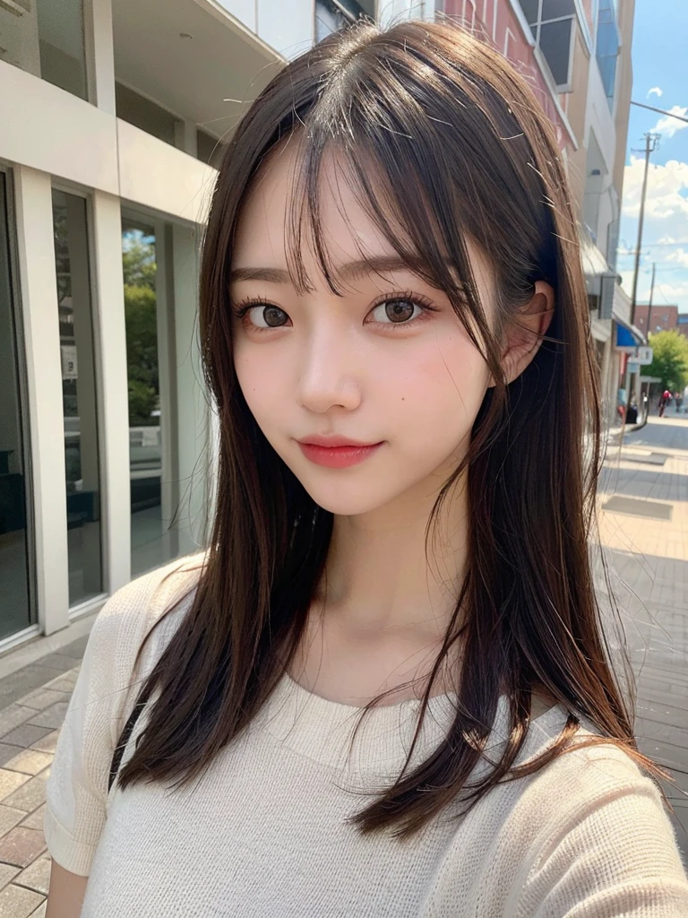 (masterpiece:1.3), (8k, Realistic, RAW Photos, Best image quality: 1.4), 20-year-old girl、(Random Hairstyles:1.2)、Highly detailed face、Attention to detail、double eyelid、Sharp focus:1.2、Beautiful woman:1.4、Light brown hair、Highest quality、masterpiece、Ultra-high resolution、(Realistic:1.4)、Highly detailed and professional lighting、Brown Knight、thin、smile、Long black hair、Deadly position、Beautiful Skin、Random Pause、Shiny Hair、Sculpture model pose、In town、hot