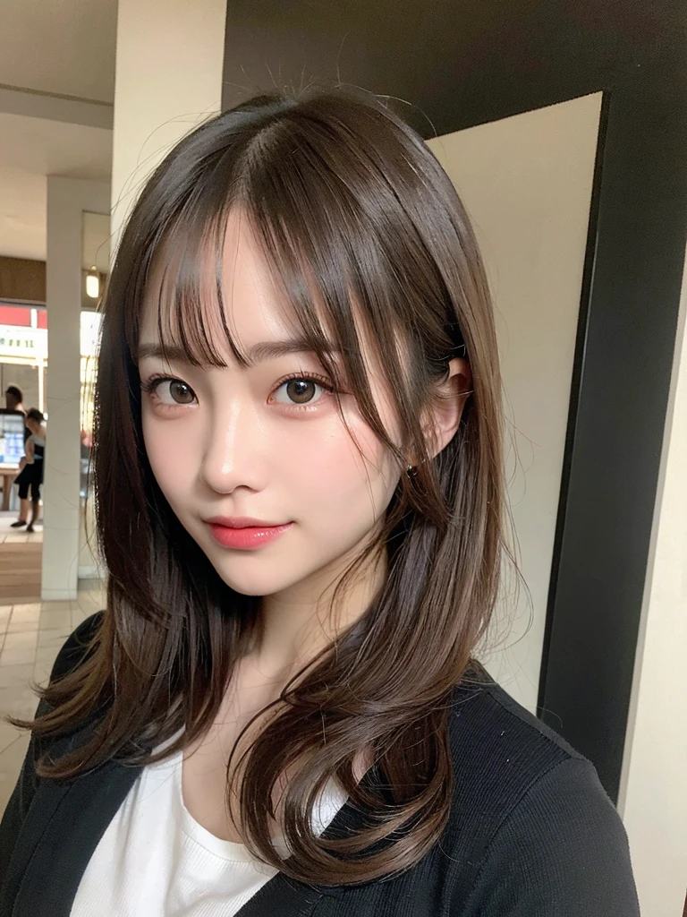 (masterpiece:1.3), (8k, Realistic, RAW Photos, Best image quality: 1.4), 20-year-old girl、(Random Hairstyles:1.2)、Highly detailed face、Attention to detail、double eyelid、Sharp focus:1.2、Beautiful woman:1.4、Light brown hair、Highest quality、masterpiece、Ultra-high resolution、(Realistic:1.4)、Highly detailed and professional lighting、Brown Knight、thin、smile、Long black hair、Deadly position、Beautiful Skin、Random Pause、Shiny Hair、Sculpture model pose、In town、hot
