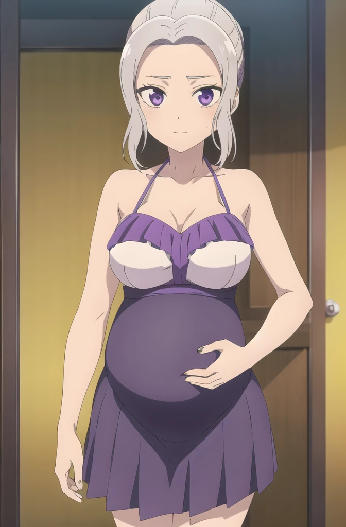 (extremely detailed CG unity 8k wallpaper), (masterpiece), (best quality), (ultra-detailed), (best illustration), (best shadow), (absurdres), 1girl, solo, shino, white hair, 1girl, solo, purple eyes, skirt, looking at viewer,tank top, dolphin shorts, anime, mirror selfie, holding phone, pregnant belly
