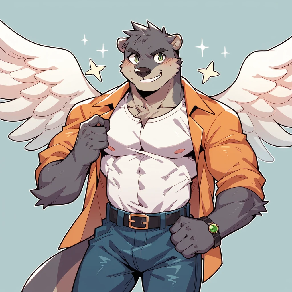 Score_9_presence, score_8_up, otter, anthropomorphic, kawaii style, super fluffy tan and dark grey fur, white and jade fancy japanese top, jade pants, angel wings, miracle worker in Jerusalem