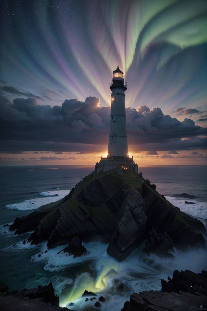 A lighthouse with a bright blue and purple aurora light above it on a cliff, Max Rive, fantasy art by Jessica Rossier, Marc Adamus, Lt. Alexander Kucharsky, beautiful digital artwork, magical colors and atmosphere, amazing wallpaper, beautiful wallpaper, magnificent background, Conceptual art, awesome atmosphere, Lt. Jessica Rossier, beautiful and aesthetic, dream matte painting, incredibly epic images, watercolor 