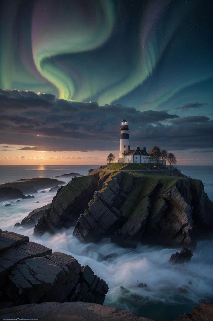 A lighthouse with a bright blue and purple aurora light above it on a cliff, Max Rive, fantasy art by Jessica Rossier, Marc Adamus, Lt. Alexander Kucharsky, beautiful digital artwork, magical colors and atmosphere, amazing wallpaper, beautiful wallpaper, magnificent background, Conceptual art, awesome atmosphere, Lt. Jessica Rossier, beautiful and aesthetic, dream matte painting, incredibly epic images, watercolor