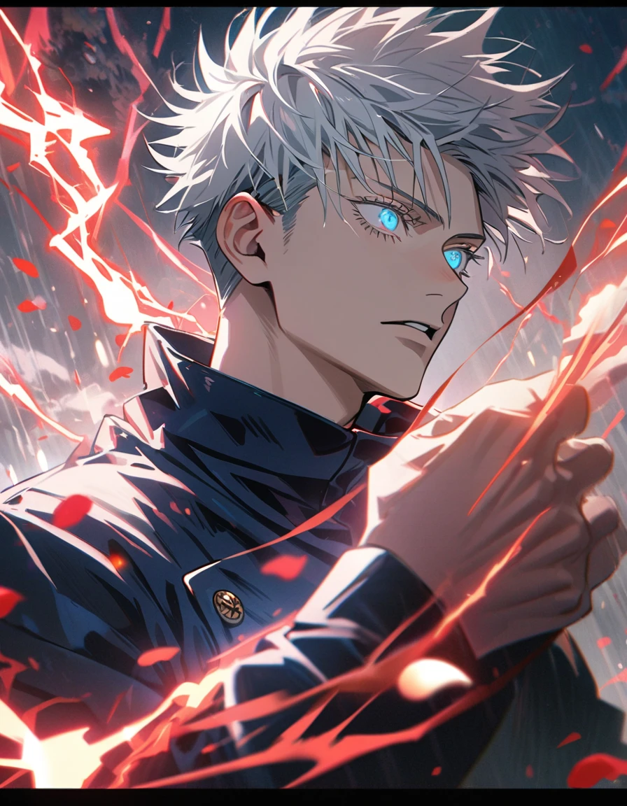 4k, very detailed, hd, white hair with bangs, Gojou Satoru, expressive blue eyes, white eyes lashes, red lightning, petals, handsome, jujutsu kaisen, 1 man only,