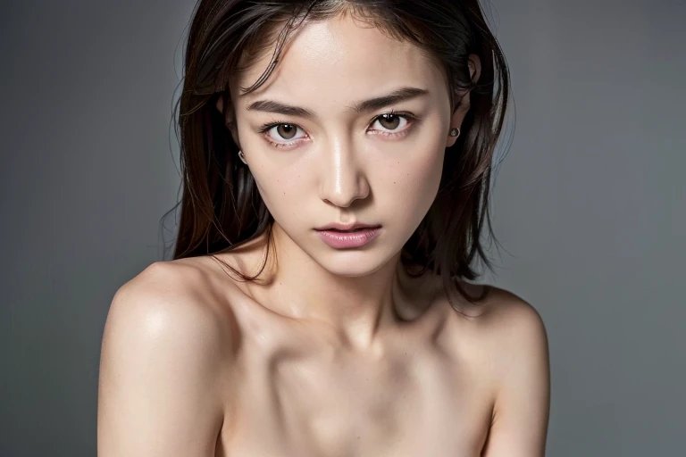 Asian girl realistic photo, 8k uhd, naked body, d cup breast size, long curly hair, ponytail, front view body, tits is shown, cleavage gap is very near, facing camera, sexy pose, half body picture