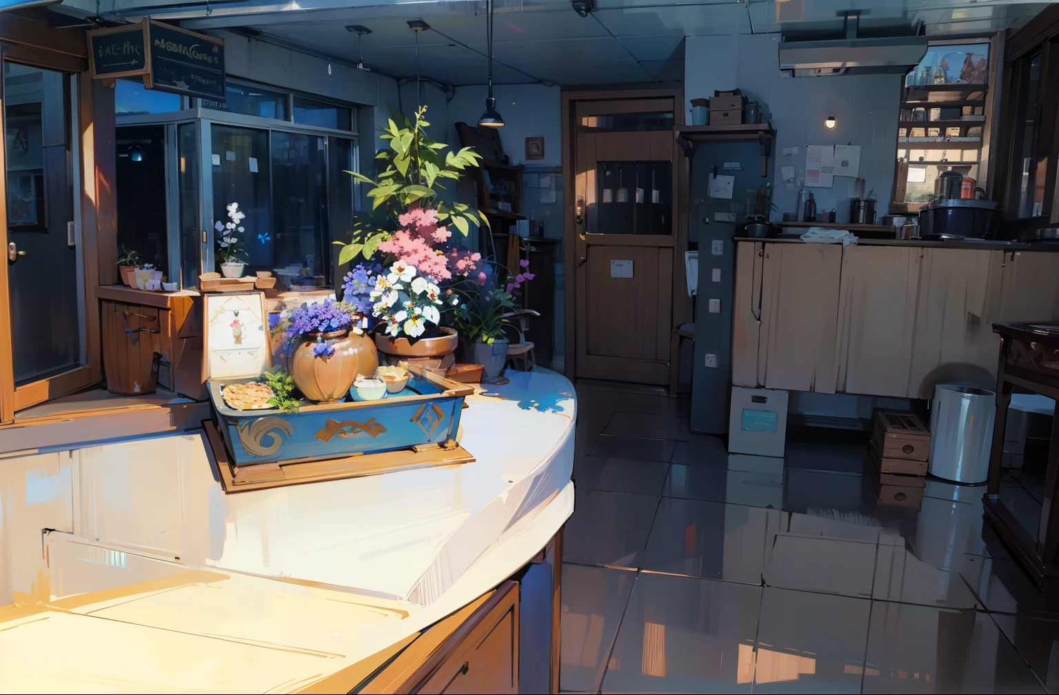 (masterpiece, best quality, Very detailed, Best shadow,Cartoon Style,Comic landscape),Restaurant interior,On the table,A potted plant,Wooden floor,Sunlight shines indoors,There is a simple wall behind