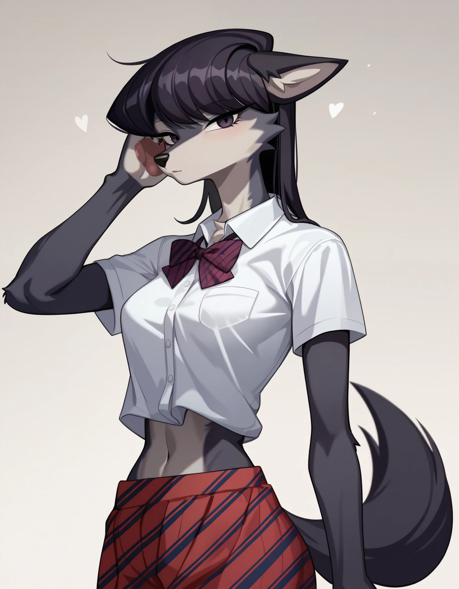 score_9,score_8_up,score_7_up, source_anime, source_furry, Anthro furry wolf girl, Komi Shouko, she is an Anthro furry black wolf, black furry body, wolf snout, black nose, tall and skinny, small breasts, wearing , at a Japanese school, 