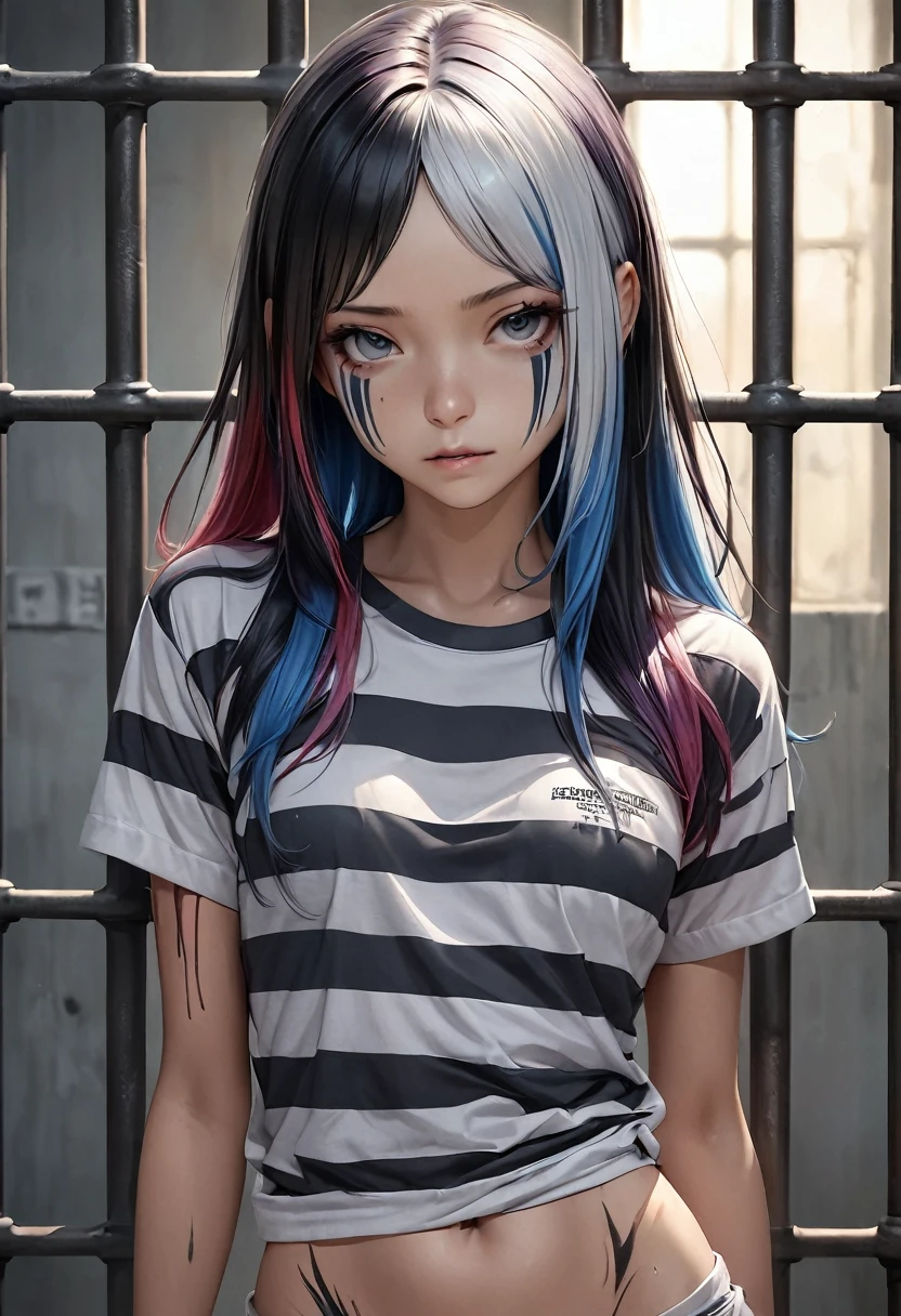 realistic, girl,flat chest,Slender,long hair,,multicolored hair, two-tone hair, split-color hair,prison