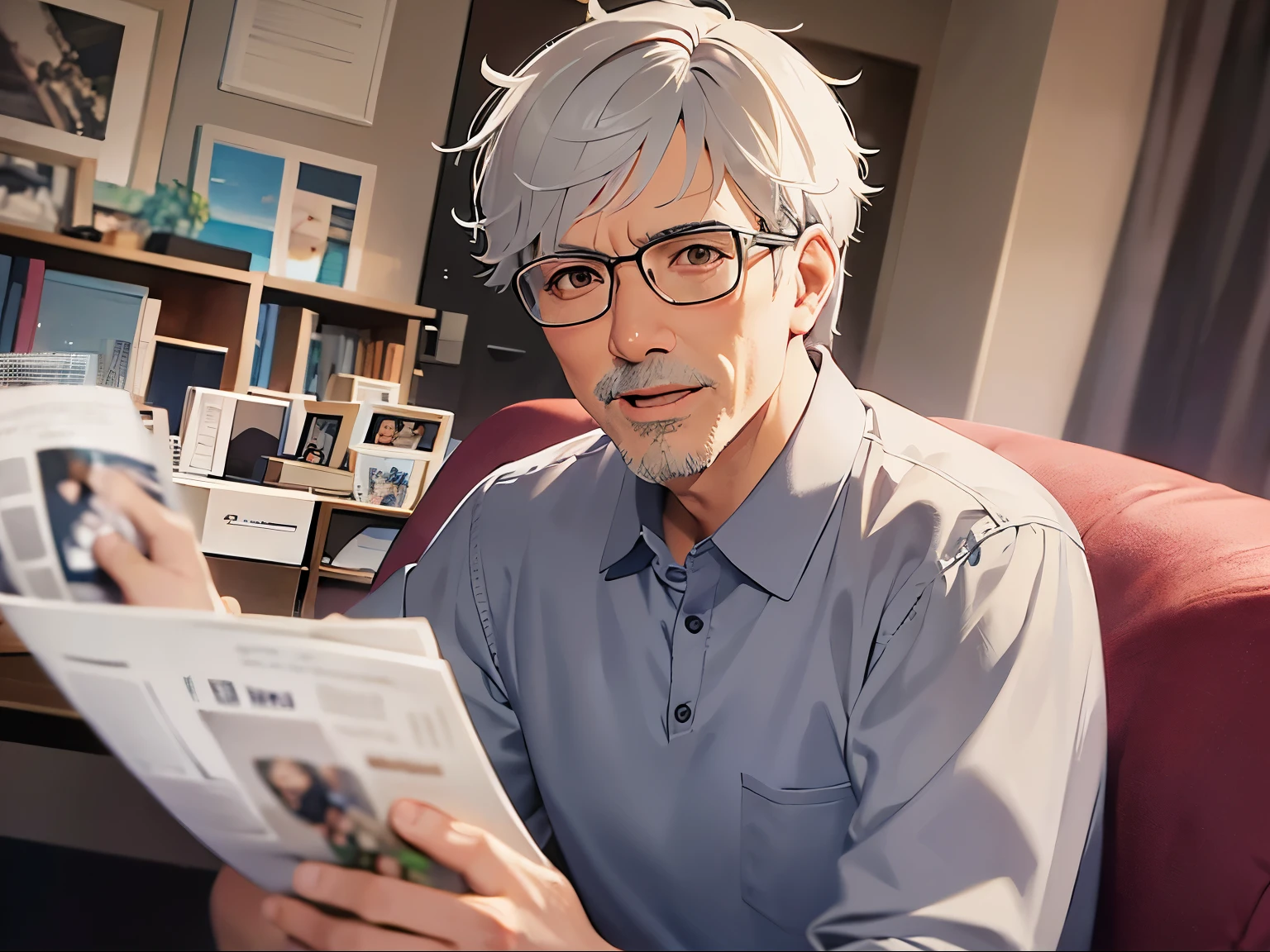 Raising hand, smile, open mouth, dutch angle, masterpiece、high quality、(A 55-year-old man with short grey hair and brown eyes:1.5)、wearing a gray polo shirt、 The living room sofa is in the background、Alone、Bold composition、Sitting、Expressionless、Holding a newspaper in hand