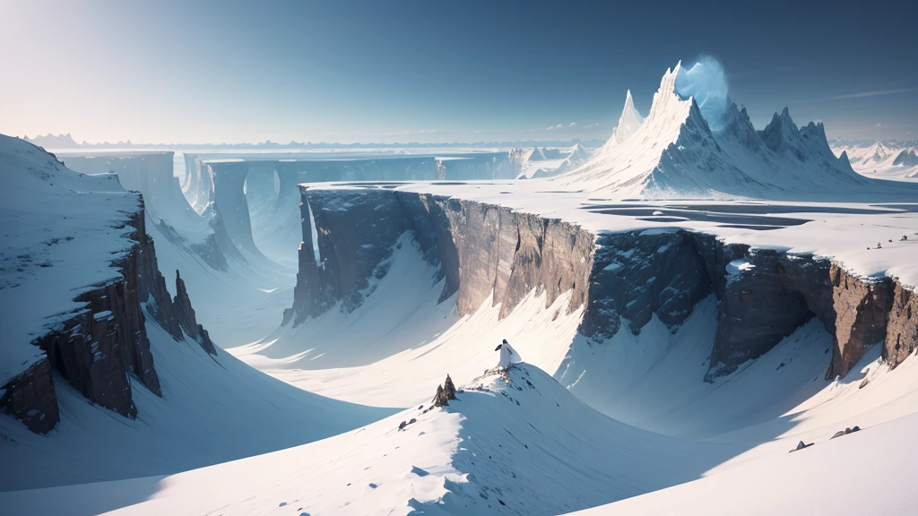 a woman in the distance in an immense landscape after death, in a vast white landscape of another dimension, another dimension, peace and tranquility, liberation, harmony, other-dimensional space, ultra-realistic, highly detailed, luminosity, intricate, fascinating, impressive, otherworldly, hypnotic