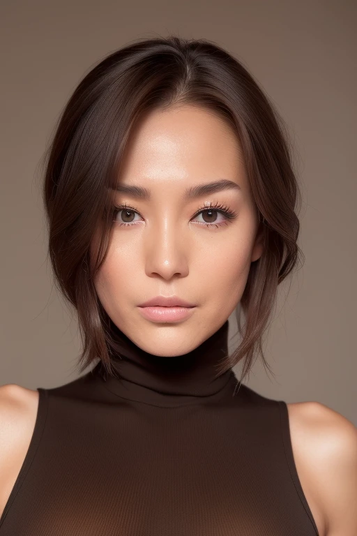High resolution, High level image quality, high detail, masterpiece, rough skin, ((20-year-old))anatomically correct, sharp, gray background((japanese mature, 28 years old)), 独奏, ((close your eyes and open your mouth:1.1))、(Strong orgasm)、facial wrinkles, good shape big breasts, Straight dark brown hair that reaches to the shoulders, slim body shape (((stand upright, facing the center of the screen.))), Close your mouth and look straight ahead with a serious face, ((cowboy shot)),Searching for breastake an appeal、((Strong orgasm:1.0))wrinkles between eyebrows、turtleneck sleeveless knit、(((o-face:1.1))),(Erect nipples)