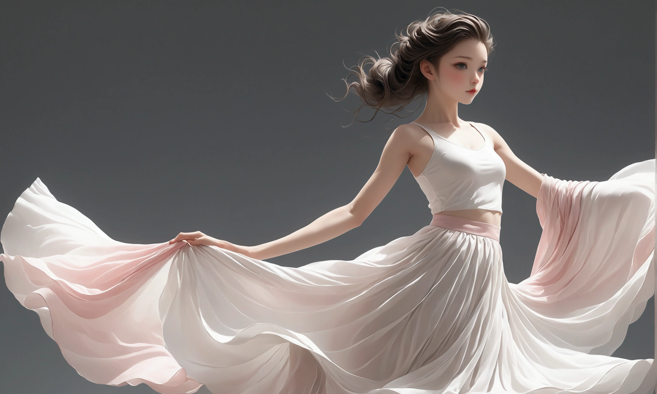 Dance photography;A dancer,Solitary;A little girl in a long skirt(Girl),Chinese style skirt,Pink white gradient,Conservative style,Smudged skirt hem;The movements of the dance;elegant,Flexible skirt,High-rise skirt;Long hair,Long hair披肩。whole body、panoramic,front; Simple style;Minimalism。Background of Flatness,Absolute pure color;White background,Pure white background;Low saturation,Gray tone;panoramic摄影;Depth of Field, Extraordinary details, masterpiece, high quality, 4K,cinematic lighting, motion blur, depth of field, sparkle, ray tracing, reflection light, anatomically correct, uhd, textured skin, best quality, super detail, highres, high details, accurate, high quality, award winning