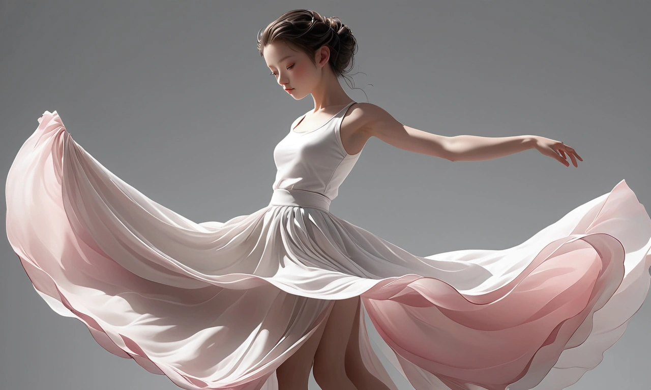 Dance photography;A dancer,Solitary;A little girl in a long skirt(Girl),Chinese style skirt,Pink white gradient,Conservative style,Smudged skirt hem;The movements of the dance;elegant,Flexible skirt,High-rise skirt;Long hair,Long hair披肩。whole body、panoramic,front; Simple style;Minimalism。Background of Flatness,Absolute pure color;White background,Pure white background;Low saturation,Gray tone;panoramic摄影;Depth of Field, Extraordinary details, masterpiece, high quality, 4K,cinematic lighting, motion blur, depth of field, sparkle, ray tracing, reflection light, anatomically correct, uhd, textured skin, best quality, super detail, highres, high details, accurate, high quality, award winning