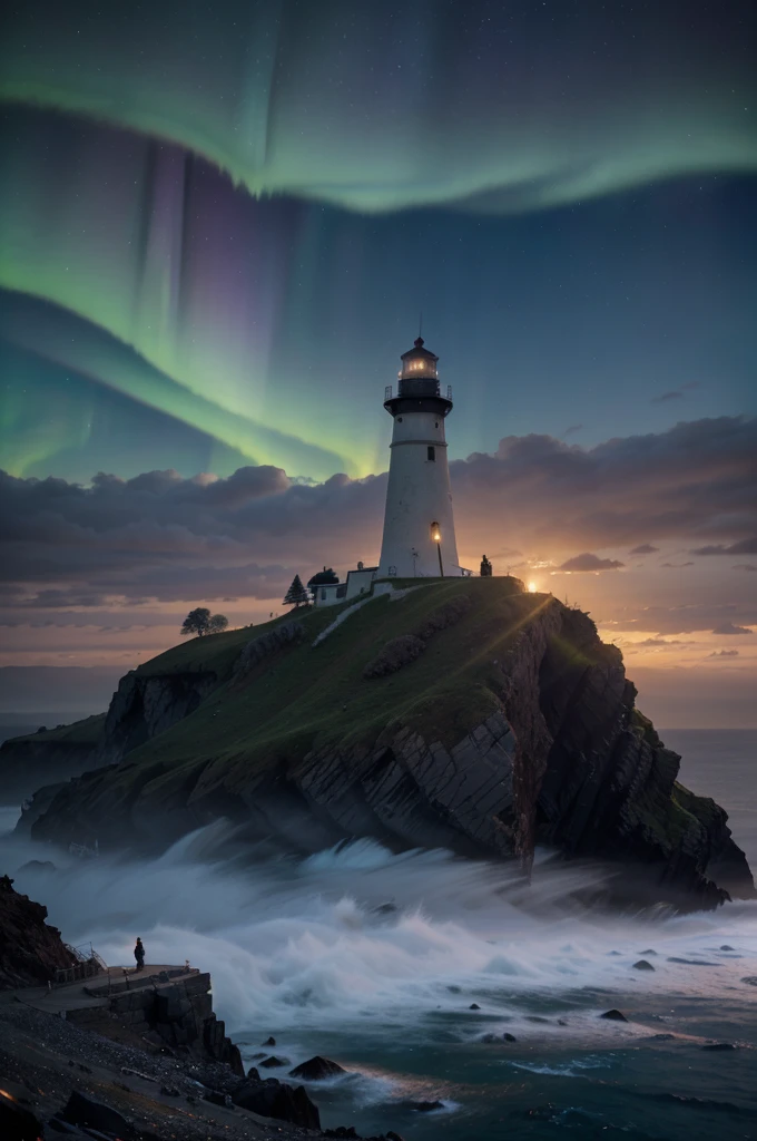 A lighthouse with a bright blue and purple aurora light above it on a cliff, Max Rive, fantasy art by Jessica Rossier, Marc Adamus, Lt. Alexander Kucharsky, beautiful digital artwork, magical colors and atmosphere, amazing wallpaper, beautiful wallpaper, magnificent background, Conceptual art, awesome atmosphere, Lt. Jessica Rossier, beautiful and aesthetic, dream matte painting, incredibly epic images, watercolor