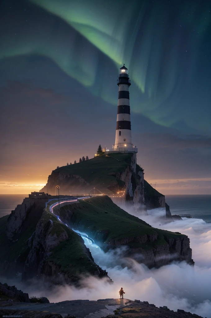 A lighthouse with a bright blue and purple aurora light above it on a cliff, Max Rive, fantasy art by Jessica Rossier, Marc Adamus, Lt. Alexander Kucharsky, beautiful digital artwork, magical colors and atmosphere, amazing wallpaper, beautiful wallpaper, magnificent background, Conceptual art, awesome atmosphere, Lt. Jessica Rossier, beautiful and aesthetic, dream matte painting, incredibly epic images, watercolor