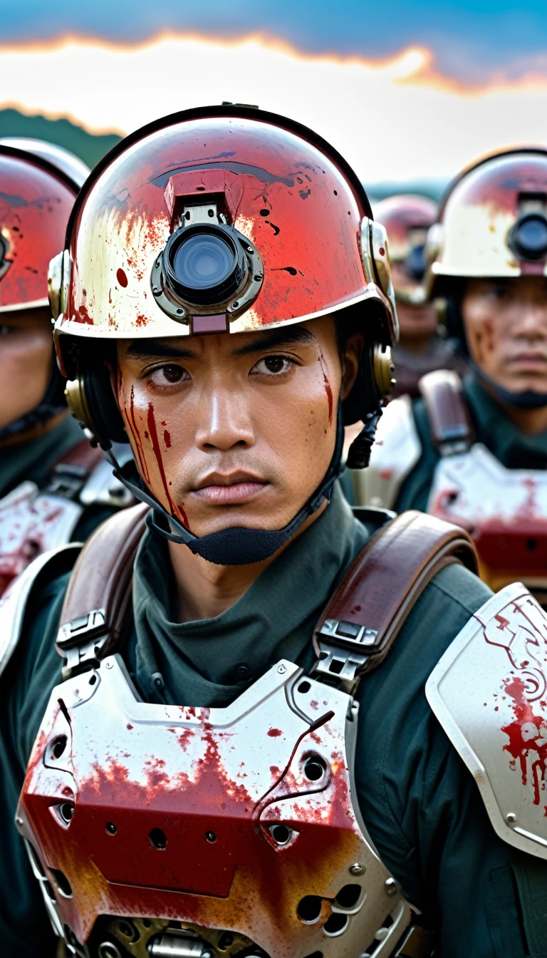 Close-up of a male soldier, half human, half machine, their faces partially obscured by military helmets. Their eyes are filled with sadness and longing. The background is a trail of blood and violence. He wears a mechanized robot armor, carved with animal elements, human skulls. The sky is filled with swirling, fiery clouds. The photo conveys a strong sense of the warrior's appearance.