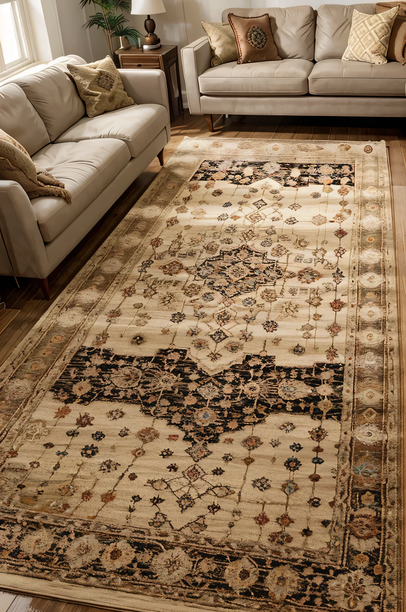A living room with layered rugs, combining a neutral base rug with a smaller, colorful boho rug on top.
