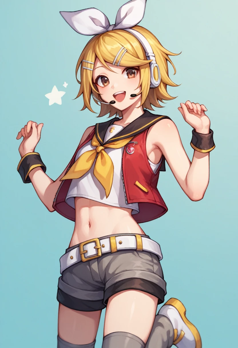 score_9, score_8_up, score_7_up,score_6_up, score_5_up, score_4_up , 1girl, solo, meiko, (brown eyes:1.5), brown hair, short hair,, bare arms, crop top, jacket, midriff, miniskirt, navel, red jacket, red skirt, skirt, sleeveless, sleeveless jacket, wrist cuffs, rin kagamine, blonde hair, blue eyes, hair bow, headset, short hair, headphones, bare shoulders, belt, black sailor collar, black shorts, bow, crop top, detached sleeves, grey legwear, grey shorts, grey sleeves, hair bow, leg warmers, neckerchief, sailor collar, , shirt, short shorts, short sleeves, shorts, white bow, white footwear, white shirt, yellow neckerchief, happy, cowboy shot, simple background