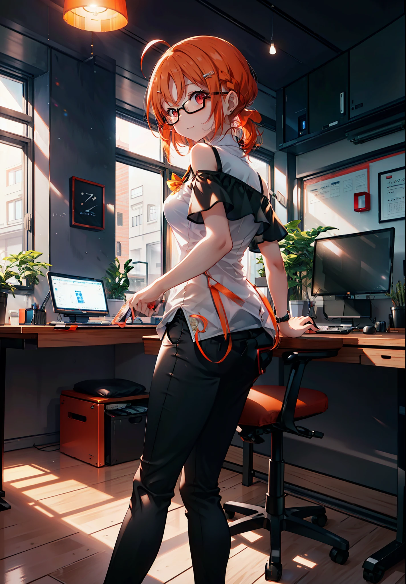 Takahai Chige,Orange Hair,Red eyes,smile,Long Hair,Ahoge,Cold Shoulder Shirt,Short sleeve,skinny pants,Stiletto heels,Black-rimmed glasses,interior,There is a computer on the table,Walking,whole bodyがイラストに入るように,Daytime,Clear skies,　　　　 　　　　　　　　　　　　break indoors, office, 　　　　　　　　　　　break looking at viewer, whole body, 　　　　　　　　break (masterpiece:1.2), Highest quality, High resolution, unity 8k wallpaper, (shape:0.8), (Beautiful attention to detail:1.6), Highly detailed face, Perfect lighting, Extremely detailed CG, (Perfect hands, Perfect Anatomy),