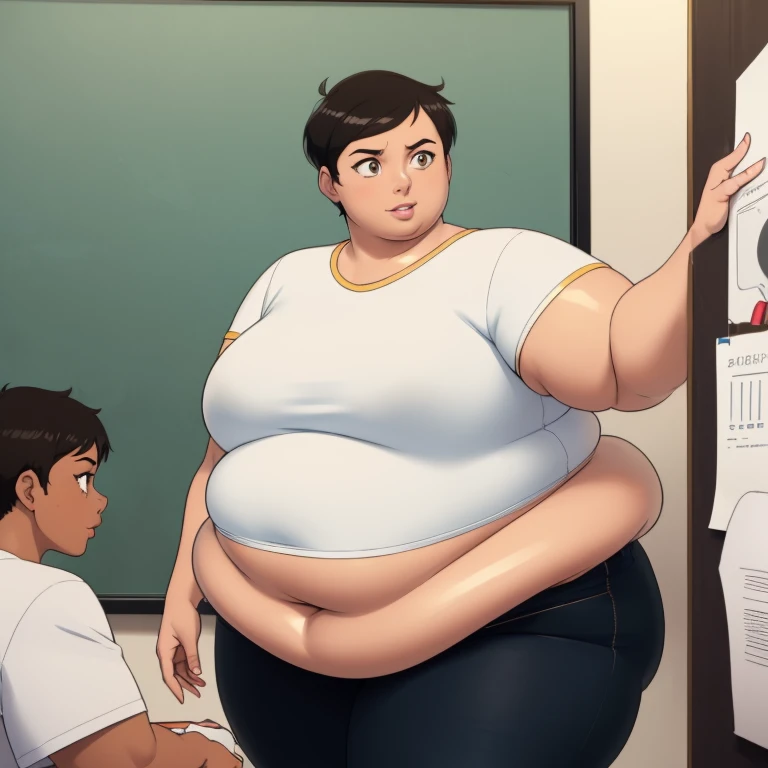 ((ultra quality)), ((masterpiece)), fat Lois Lane, 1 fat girl solo ((black short hair tomboy hairstyle)), (Beautiful face), (beautiful female lips), (), charming, ((Happy facial expression)), looks at the camera, eyes slightly open, ( dark skin color), (dark skin), glare on the body, ((detailed beautiful female eyes)), ((dark brown eyes)), (juicy female lips), (dark eyeliner), (beautiful female hands), (( fat female figure)), female body plus, beautiful waist, gorgeous thighs, beautiful medium breasts, ((subtle and beautiful)), sexy worth (), (White shirt, Black jeans) background: office, ((depth of field)), ((high quality clear image)), (clear details), ((high detail)), realistically, professional photo session, ((Clear Focus)), anime